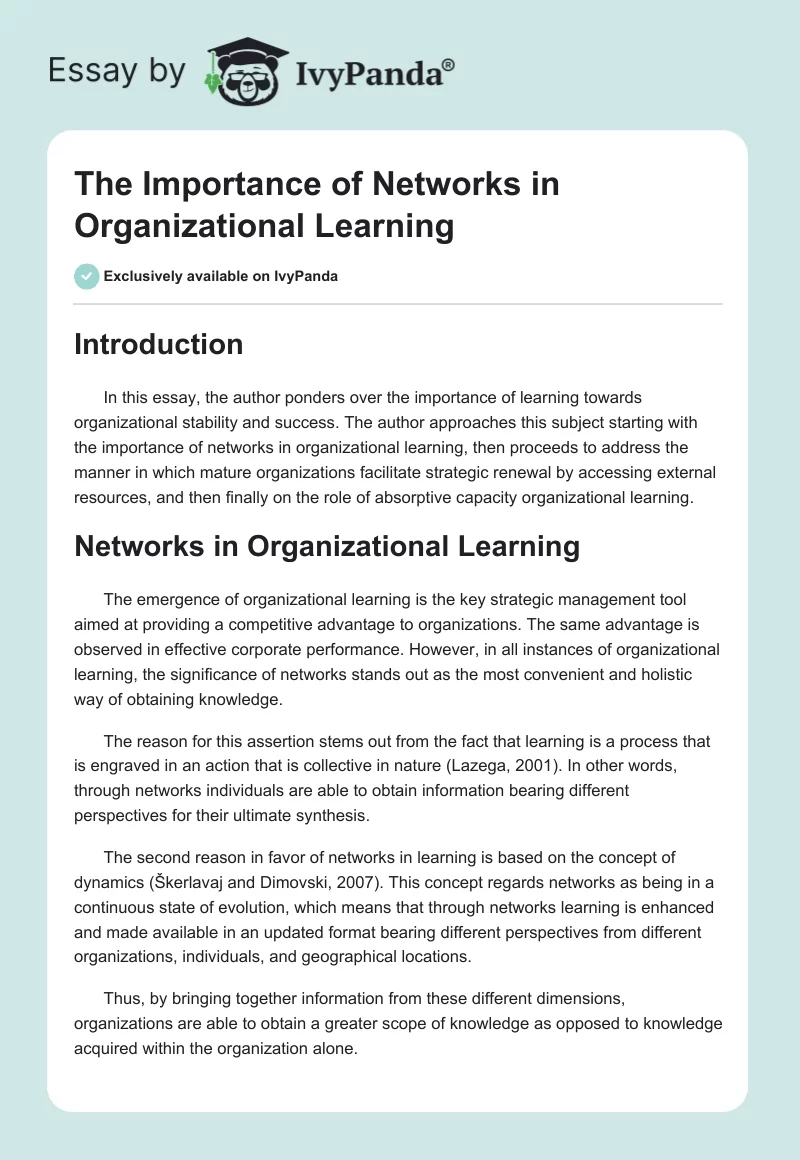 The Importance of Networks in Organizational Learning. Page 1