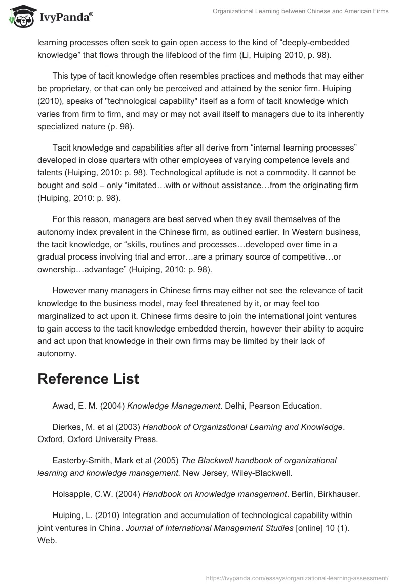 Organizational Learning between Chinese and American Firms. Page 5