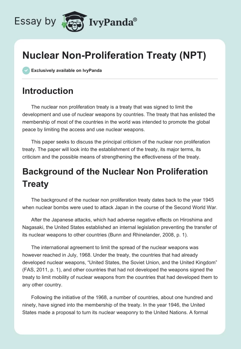 Nuclear Non-Proliferation Treaty (NPT). Page 1