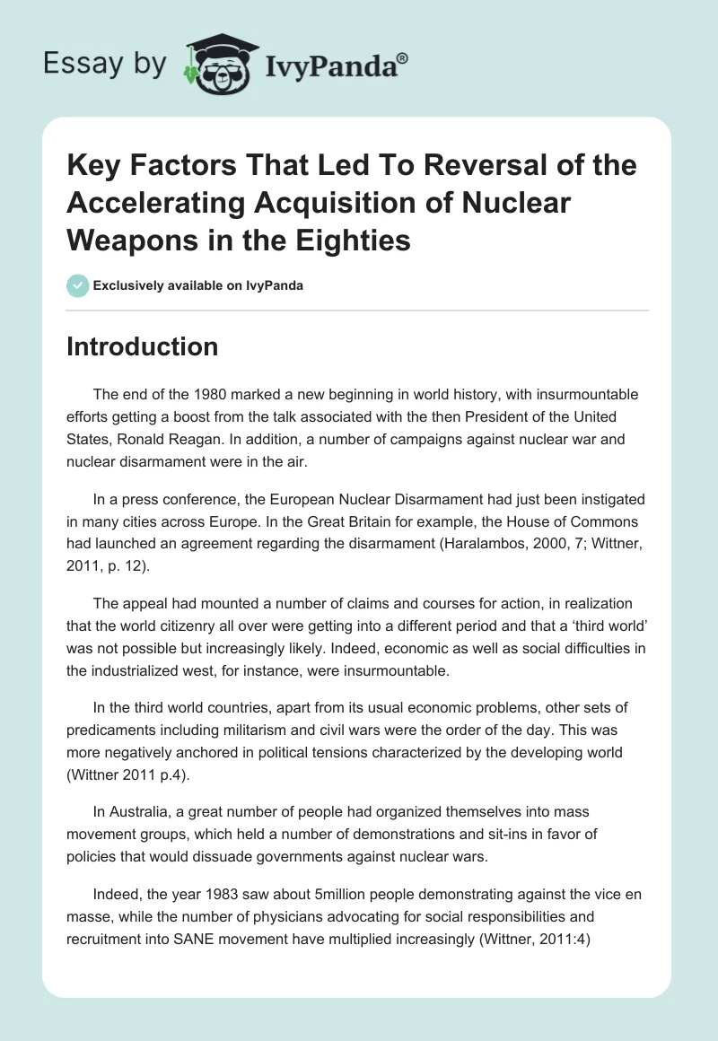 Key Factors That Led To Reversal of the Accelerating Acquisition of Nuclear Weapons in the Eighties. Page 1
