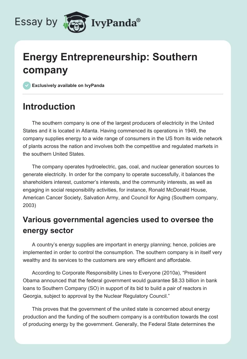 Energy Entrepreneurship: Southern company. Page 1