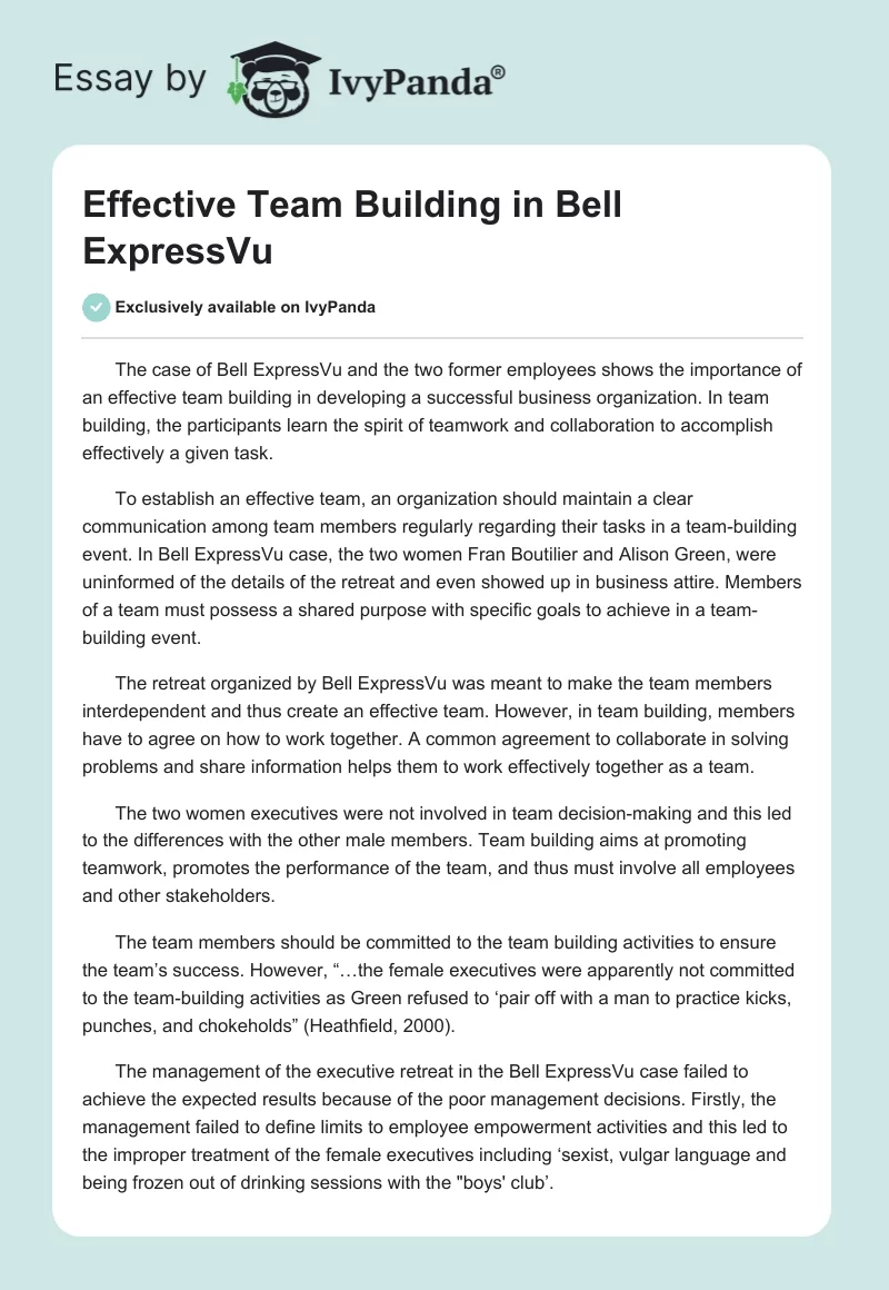 Effective Team Building in Bell ExpressVu. Page 1