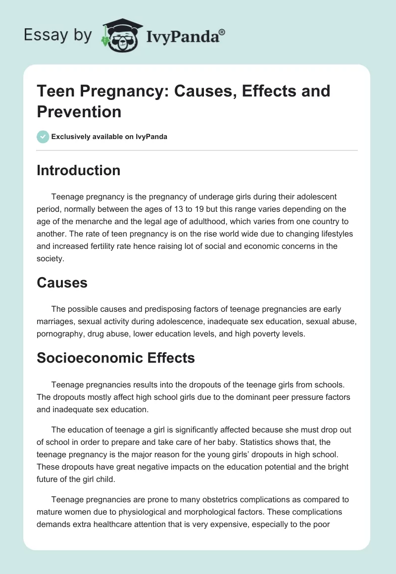 Teen Pregnancy: Causes, Effects and Prevention. Page 1