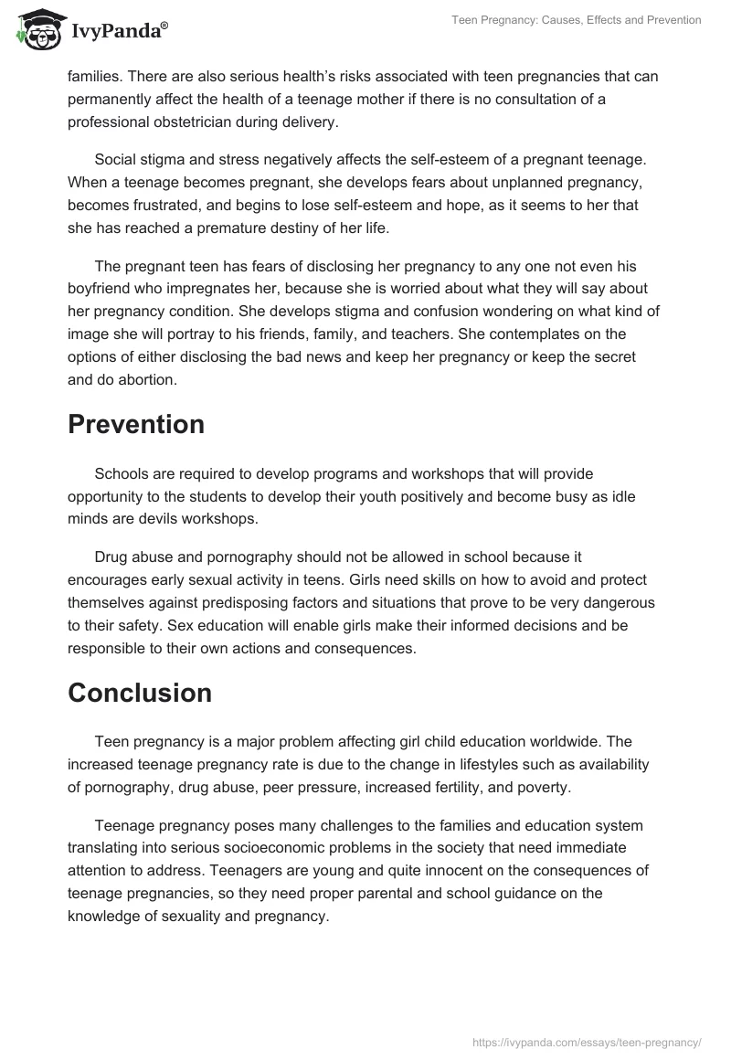 Teen Pregnancy: Causes, Effects and Prevention. Page 2
