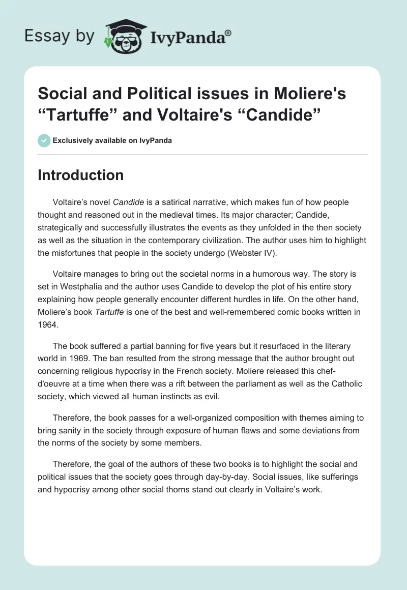 Social and Political Issues in Moliere's “Tartuffe” and Voltaire's “Candide”. Page 1