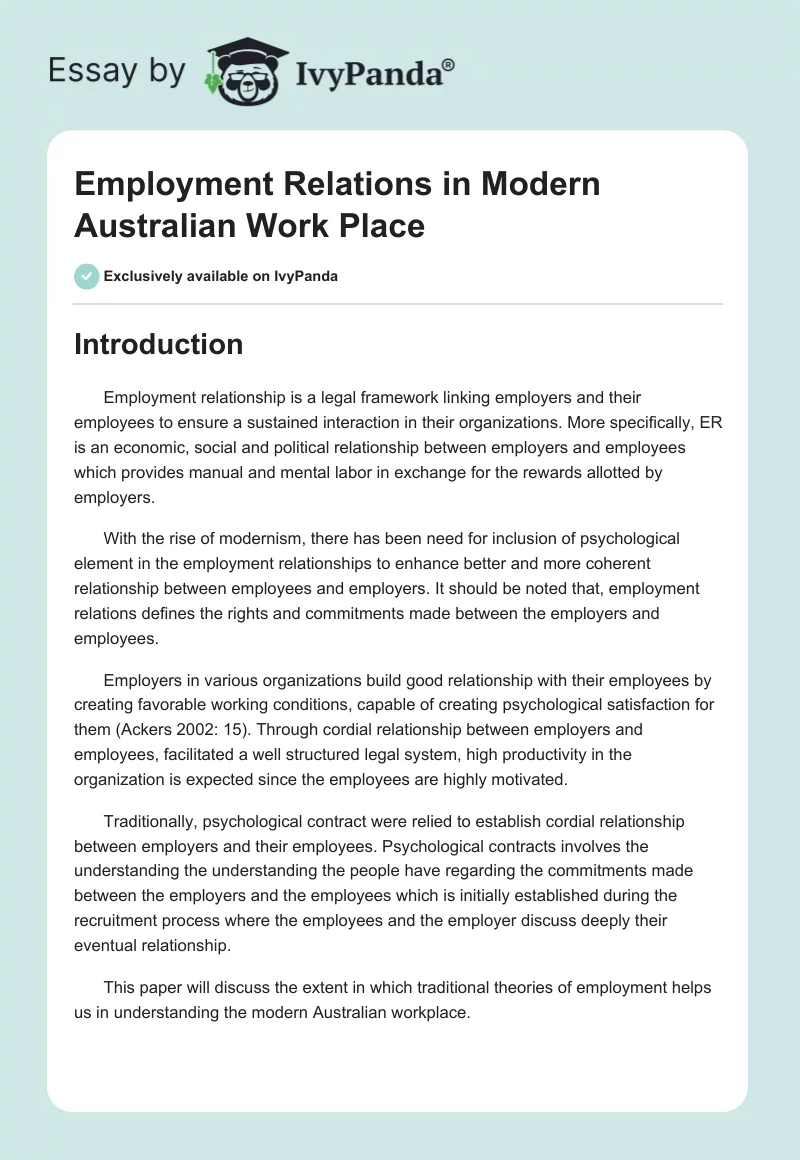 Employment Relations in Modern Australian Work Place. Page 1
