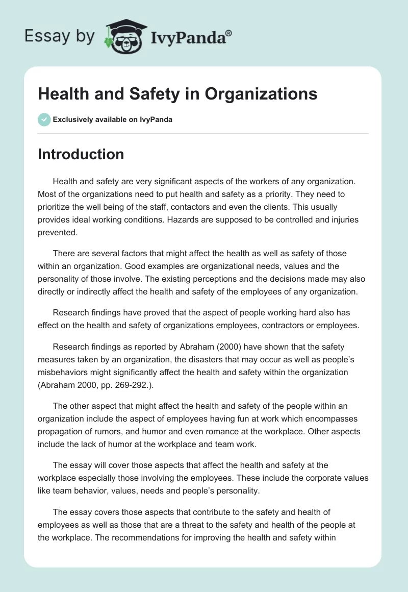 Health and Safety in Organizations. Page 1
