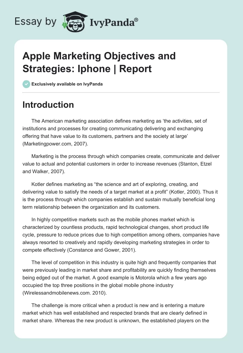 Apple Marketing Objectives and Strategies: Iphone | Report. Page 1