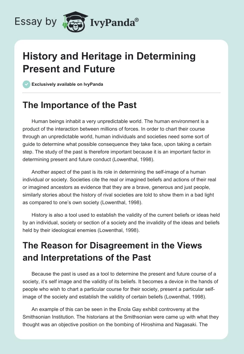 History and Heritage in Determining Present and Future. Page 1