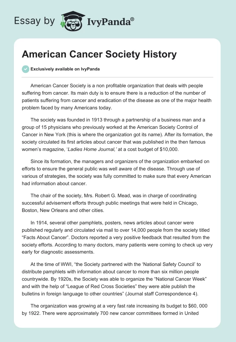American Cancer Society History. Page 1