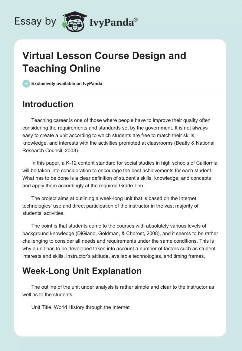 Virtual Lesson Course Design and Teaching Online. Page 1