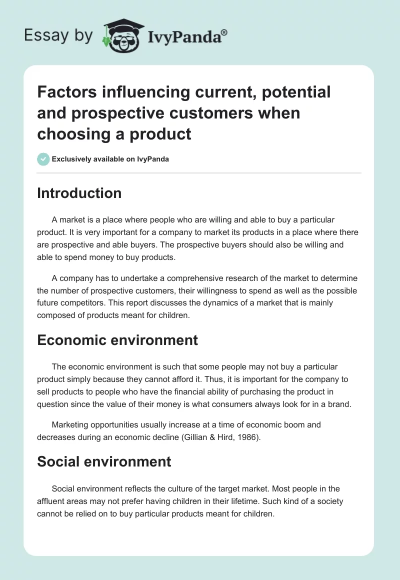 Factors influencing current, potential and prospective customers when choosing a product. Page 1