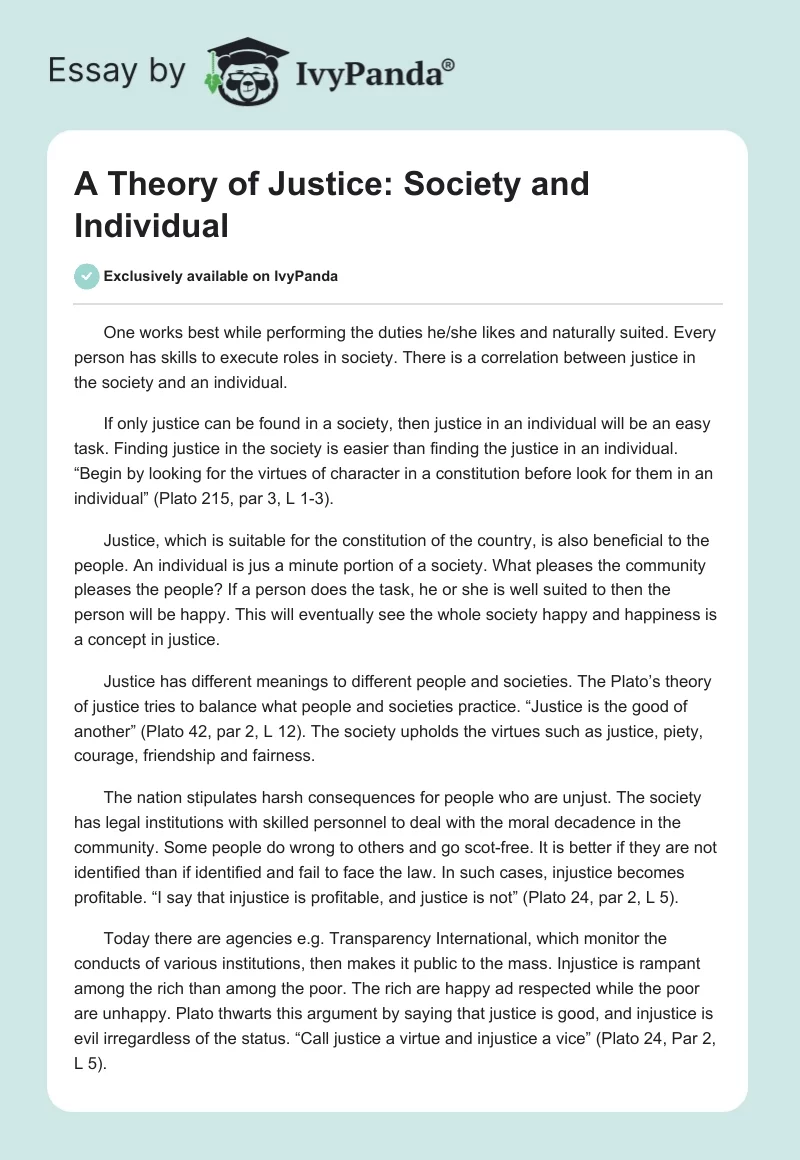 A Theory of Justice: Society and Individual. Page 1