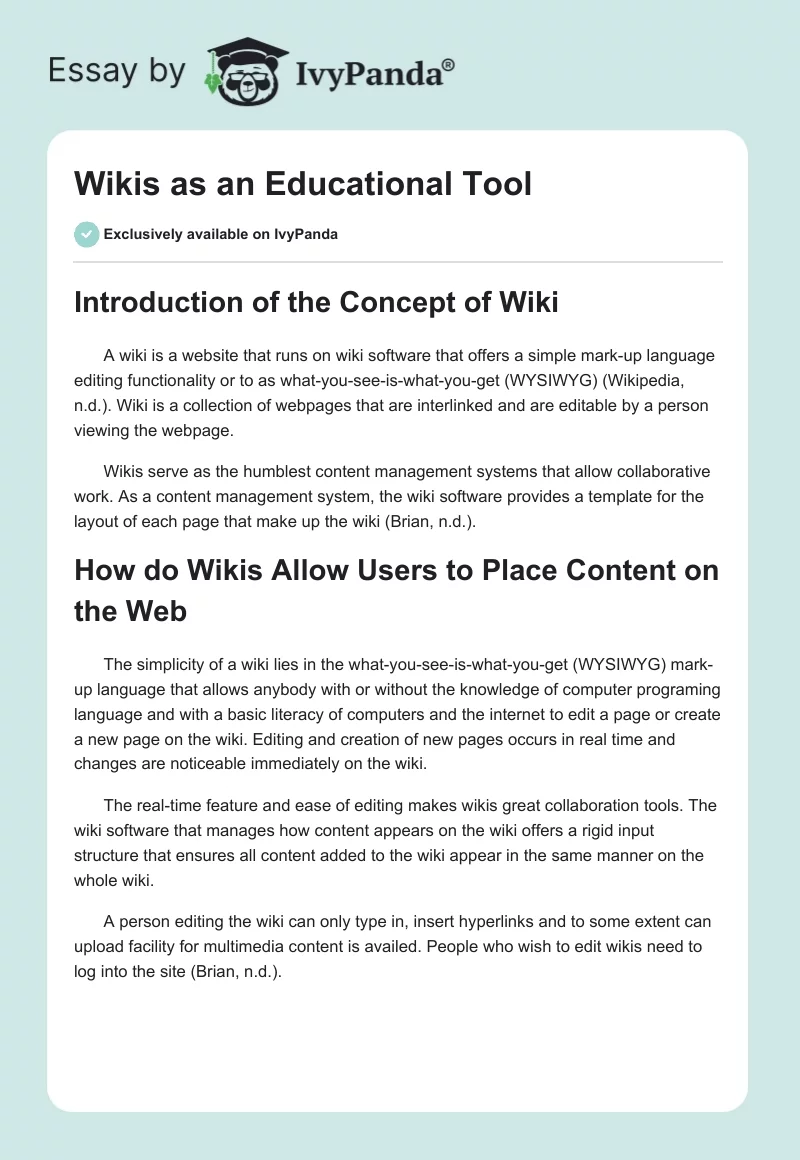 Wikis as an Educational Tool. Page 1