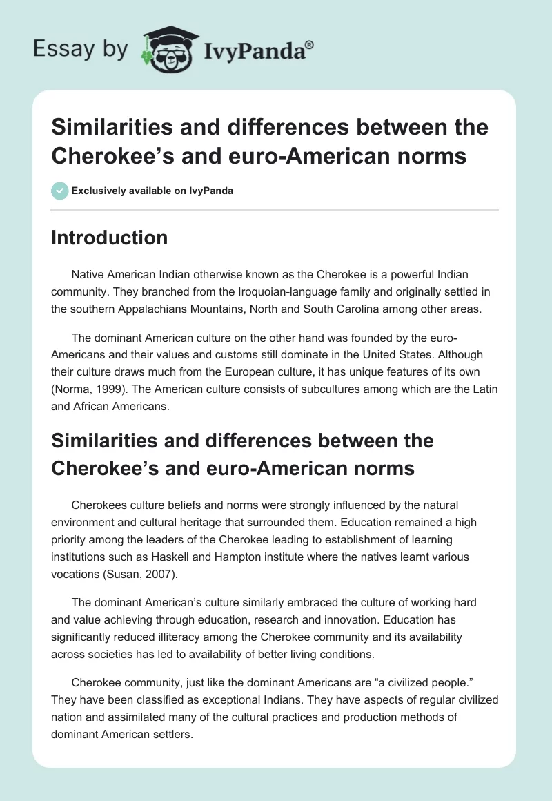 Similarities and differences between the Cherokee’s and euro-American norms. Page 1