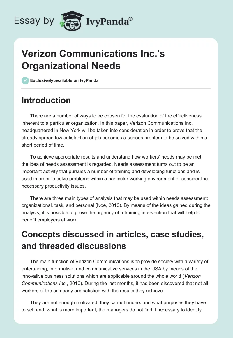 Verizon Communications Inc.'s Organizational Needs. Page 1