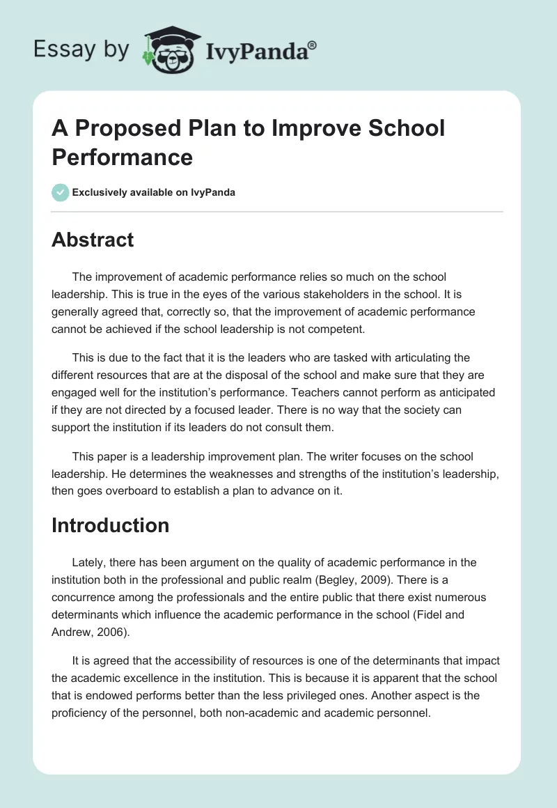 A Proposed Plan to Improve School Performance. Page 1