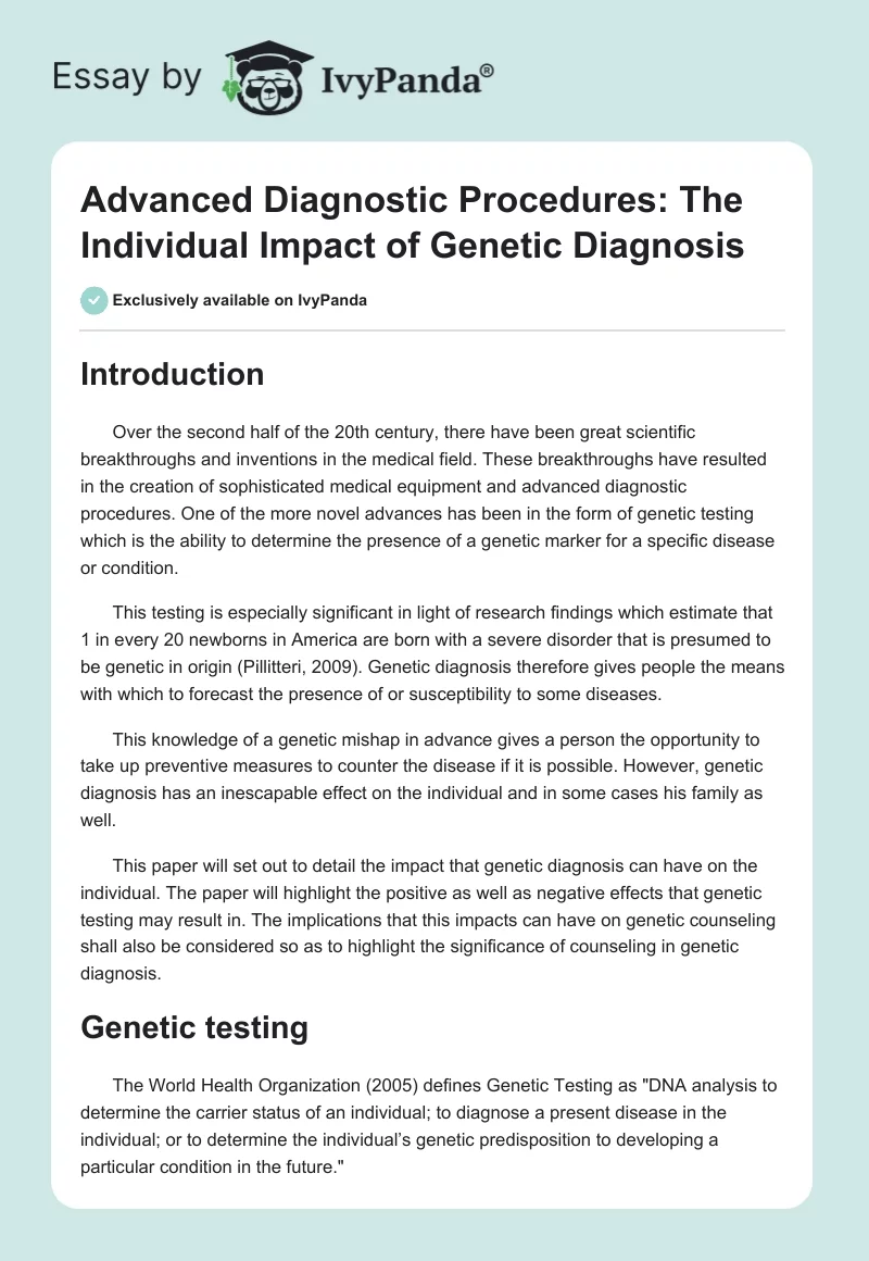 Advanced Diagnostic Procedures: The Individual Impact of Genetic Diagnosis. Page 1
