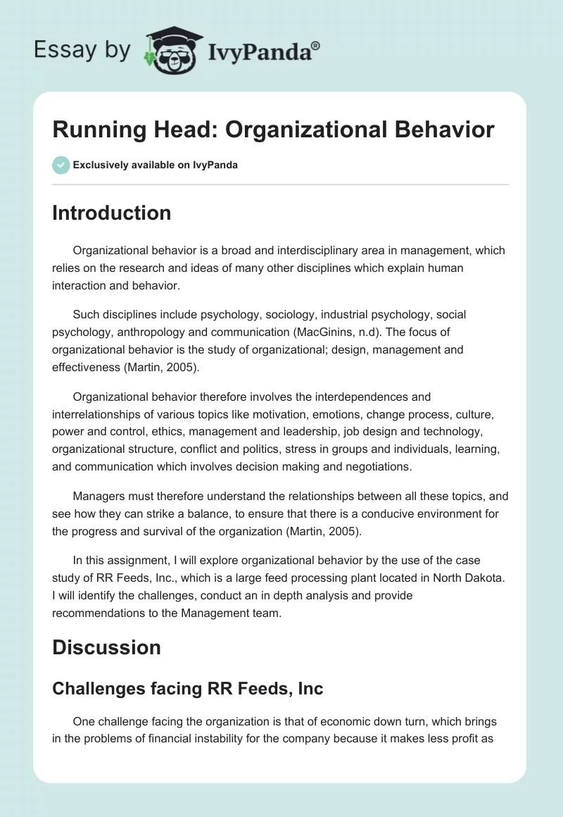Running Head: Organizational Behavior. Page 1