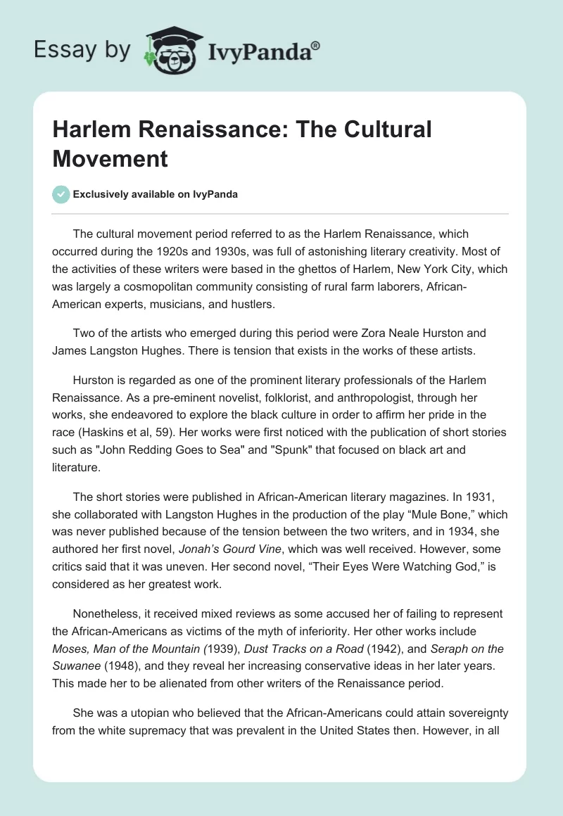 Harlem Renaissance: The Cultural Movement. Page 1