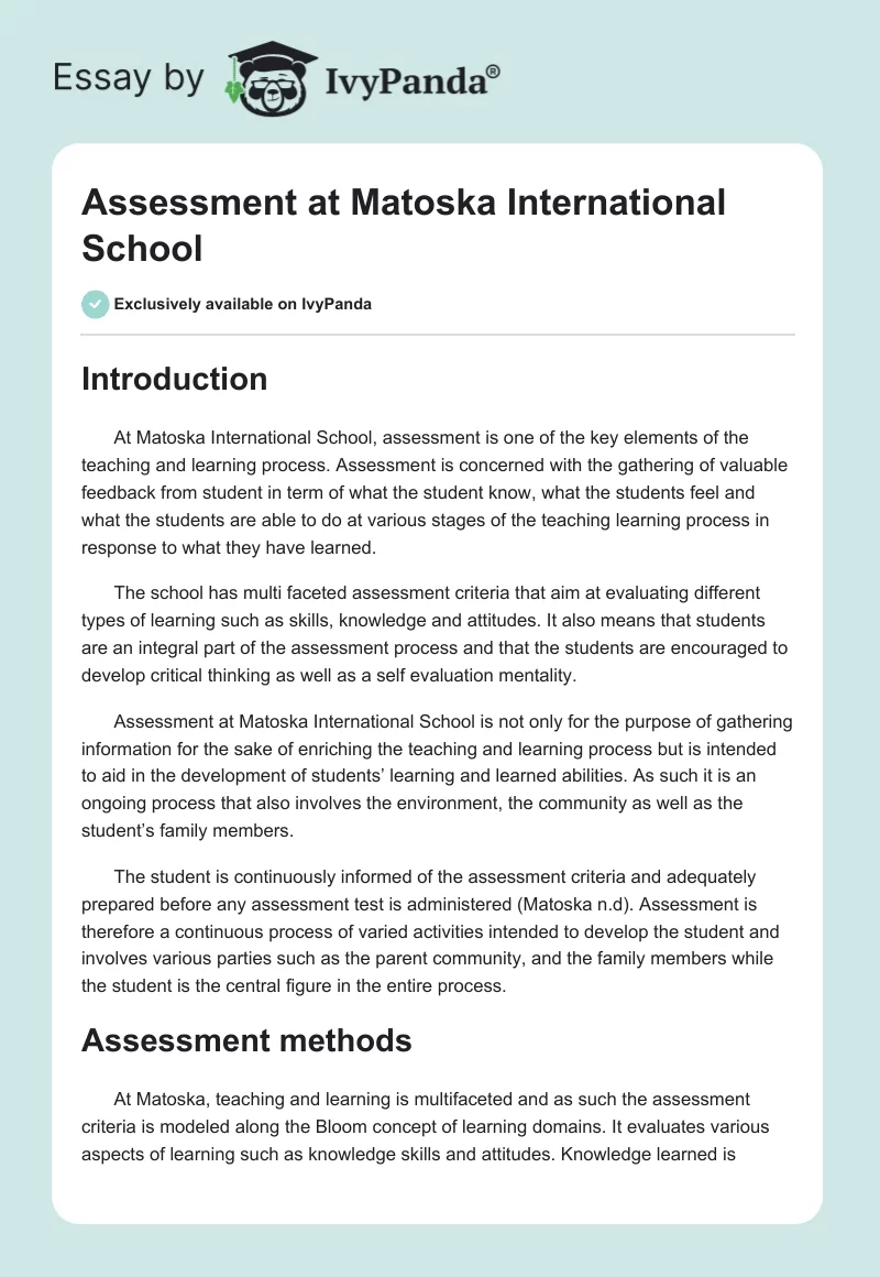 Assessment at Matoska International School. Page 1