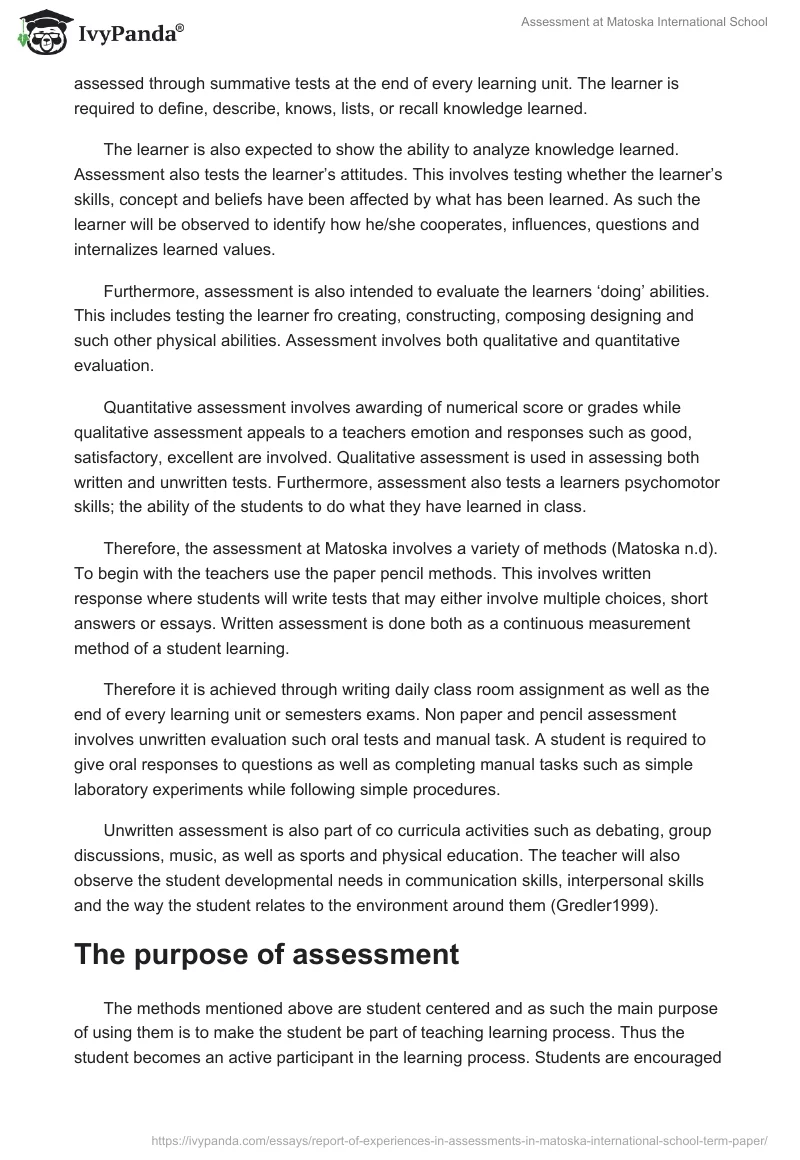 Assessment at Matoska International School. Page 2