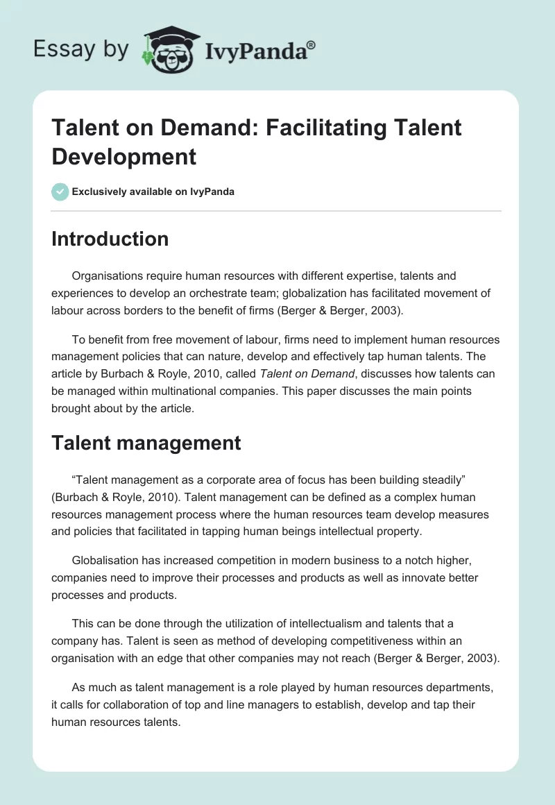 Talent on Demand: Facilitating Talent Development. Page 1