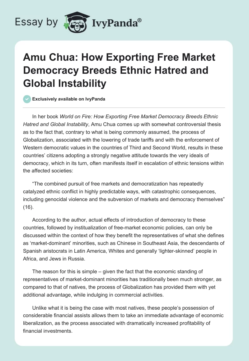 Amu Chua: How Exporting Free Market Democracy Breeds Ethnic Hatred and Global Instability. Page 1