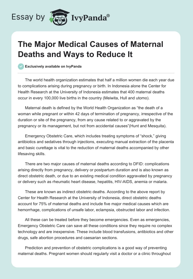 The Major Medical Causes of Maternal Deaths and Ways to Reduce It. Page 1