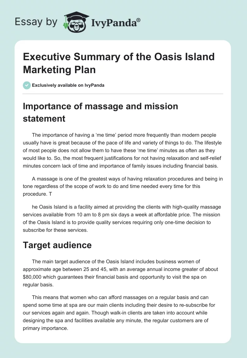 Executive Summary of the Oasis Island Marketing Plan. Page 1