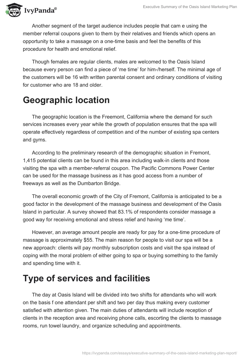 Executive Summary of the Oasis Island Marketing Plan. Page 2