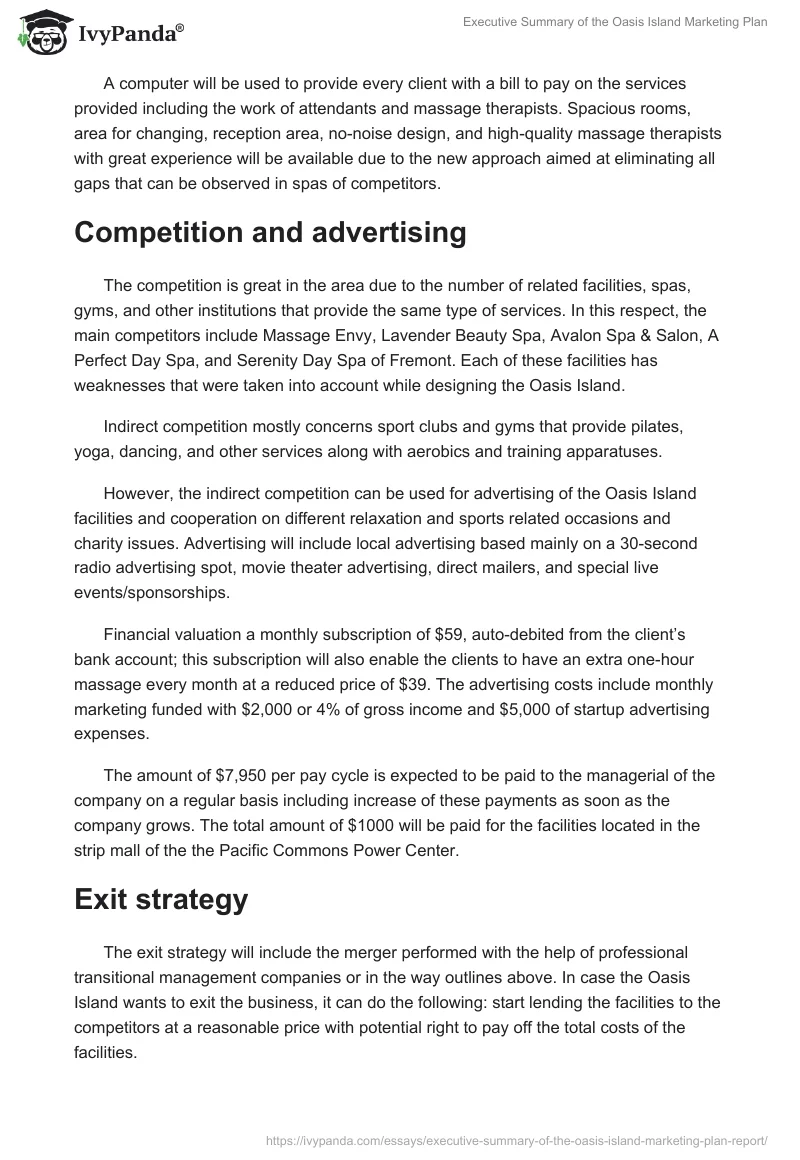 Executive Summary of the Oasis Island Marketing Plan. Page 3