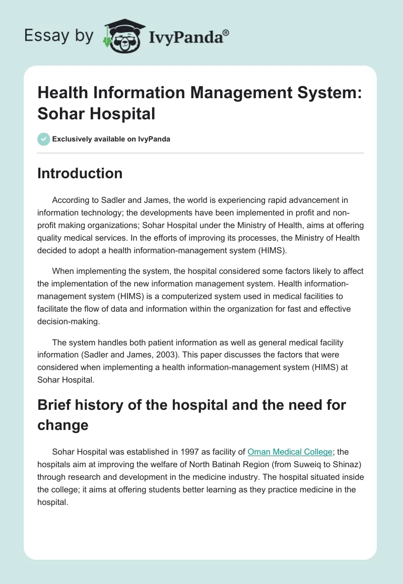 Health Information Management System: Sohar Hospital. Page 1