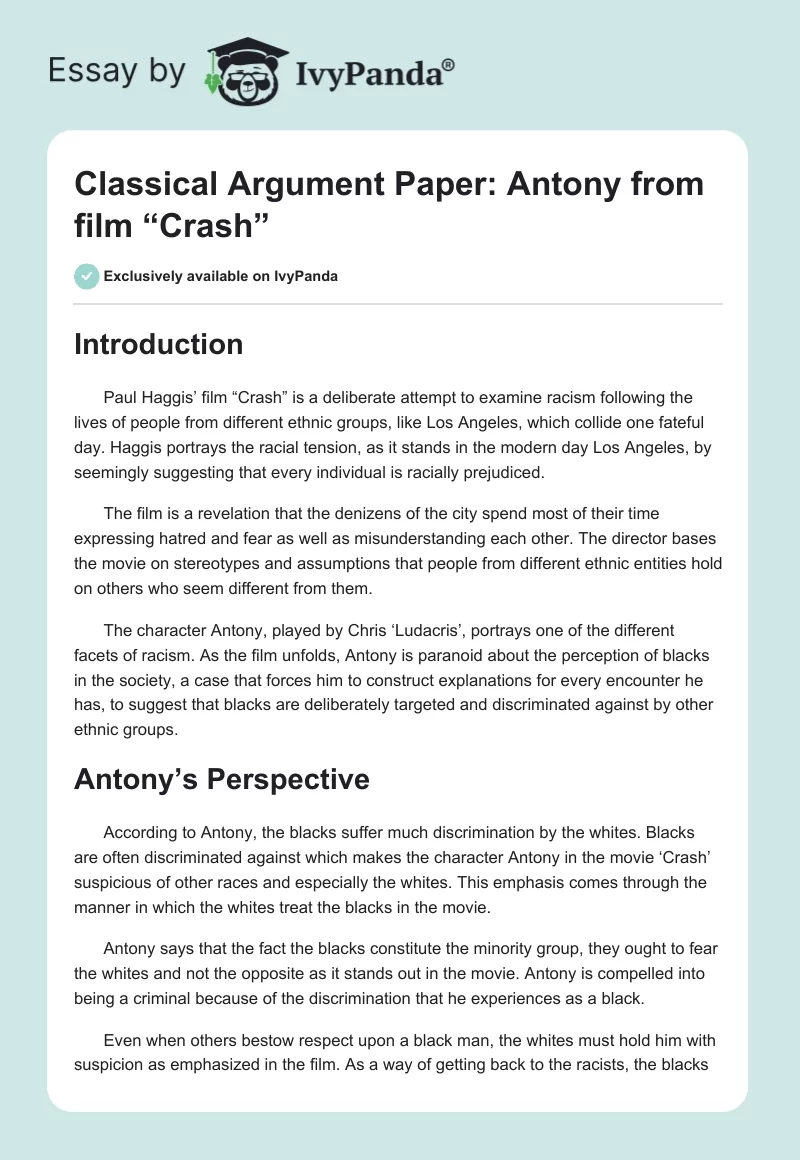 Classical Argument Paper: Antony From Film “Crash”. Page 1