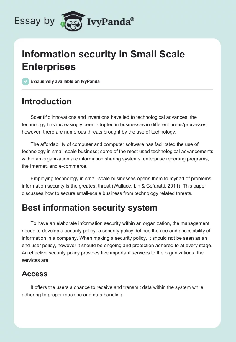 Information security in Small Scale Enterprises. Page 1