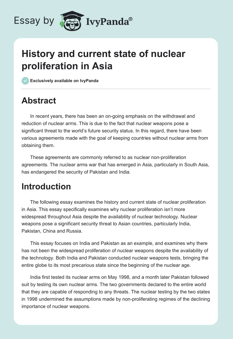 History and current state of nuclear proliferation in Asia. Page 1