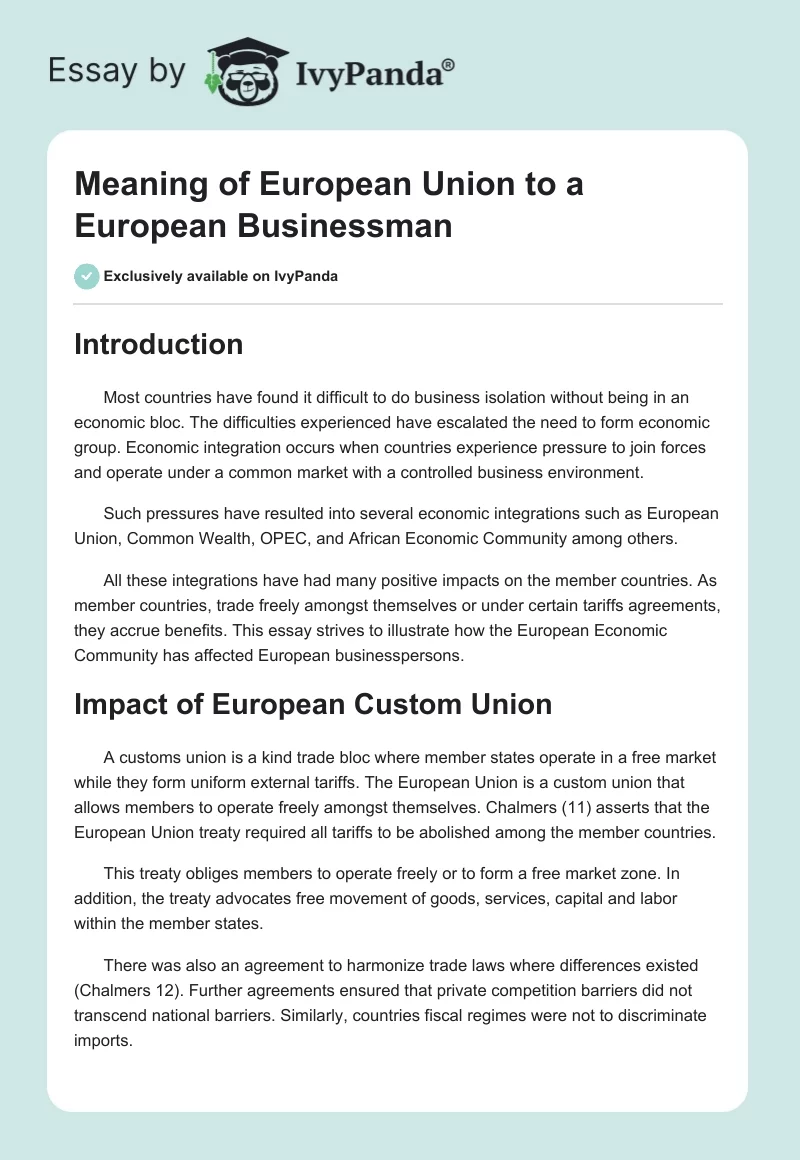Meaning of European Union to a European Businessman. Page 1