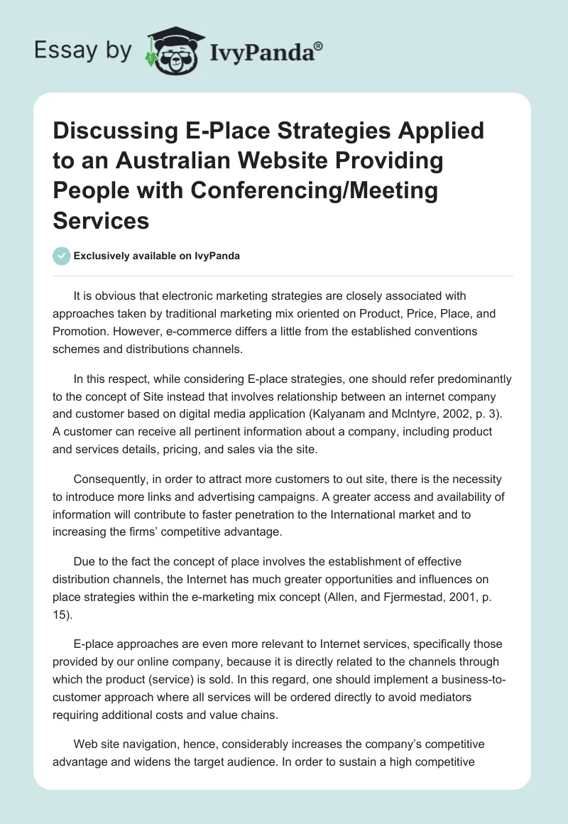 Discussing E-Place Strategies Applied to an Australian Website Providing People with Conferencing/Meeting Services. Page 1