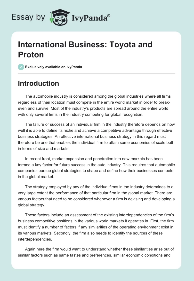International Business: Toyota and Proton. Page 1