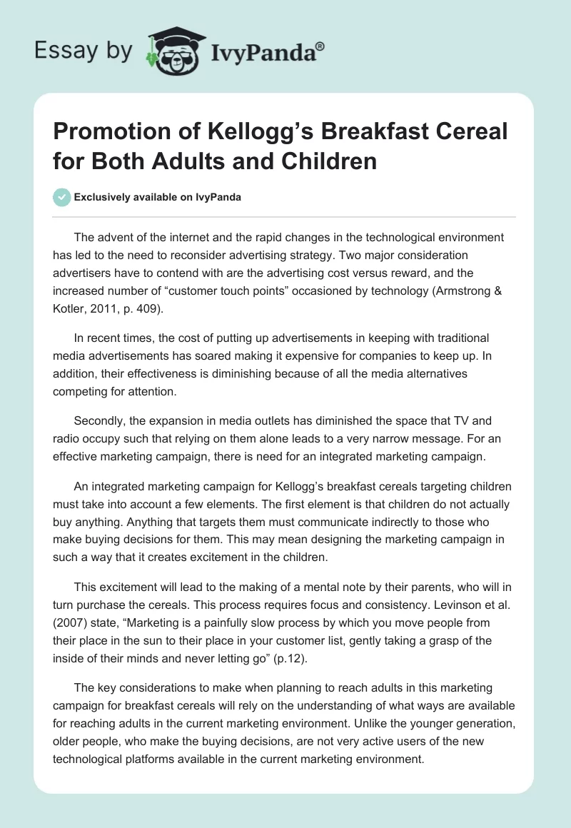 Promotion of Kellogg’s Breakfast Cereal for Both Adults and Children. Page 1