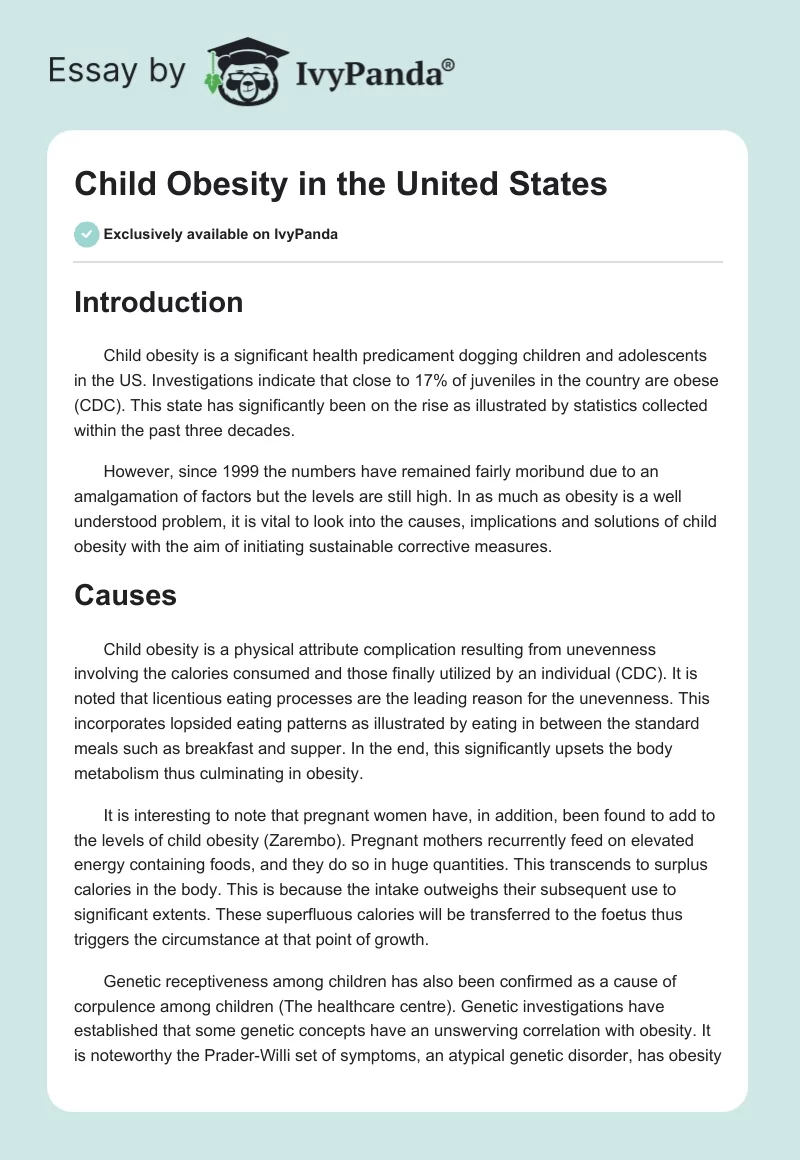 Child Obesity in the United States. Page 1