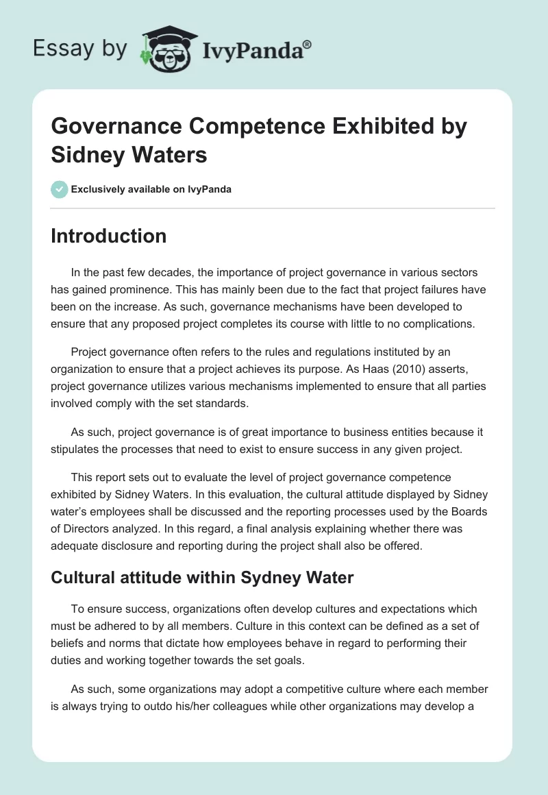 Governance Competence Exhibited by Sidney Waters. Page 1