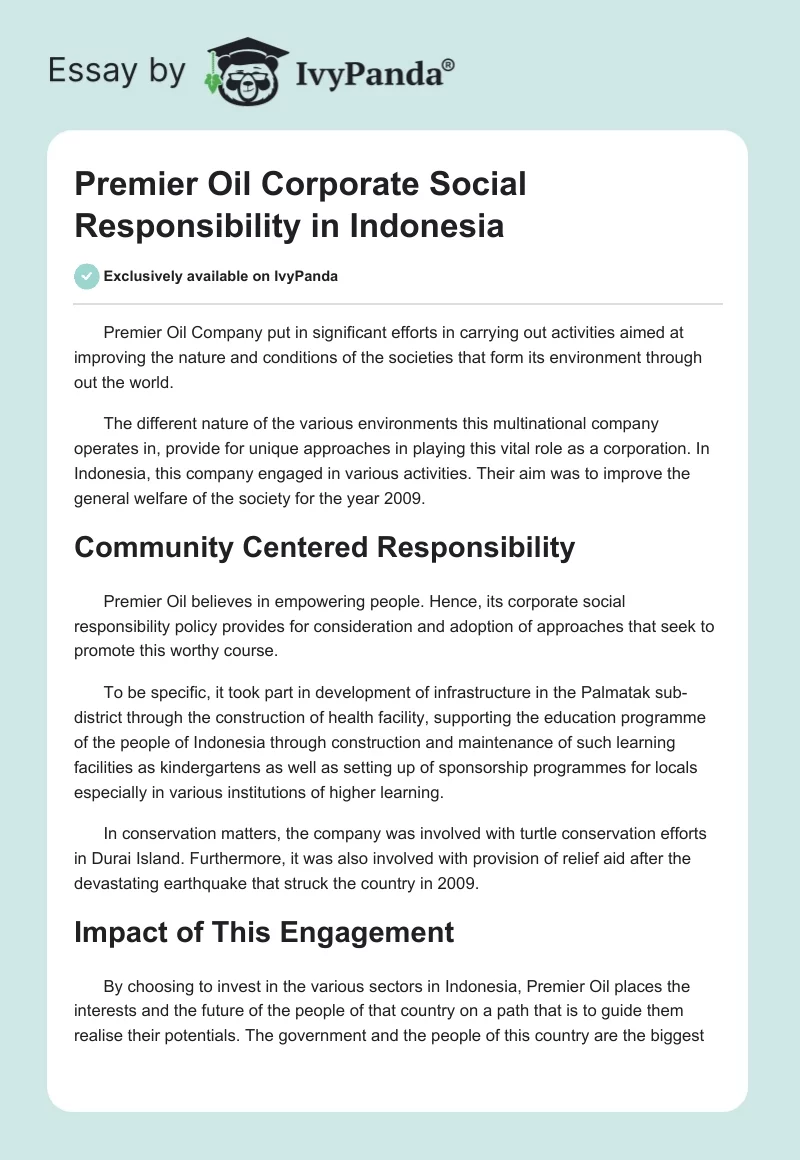 Premier Oil Corporate Social Responsibility in Indonesia. Page 1