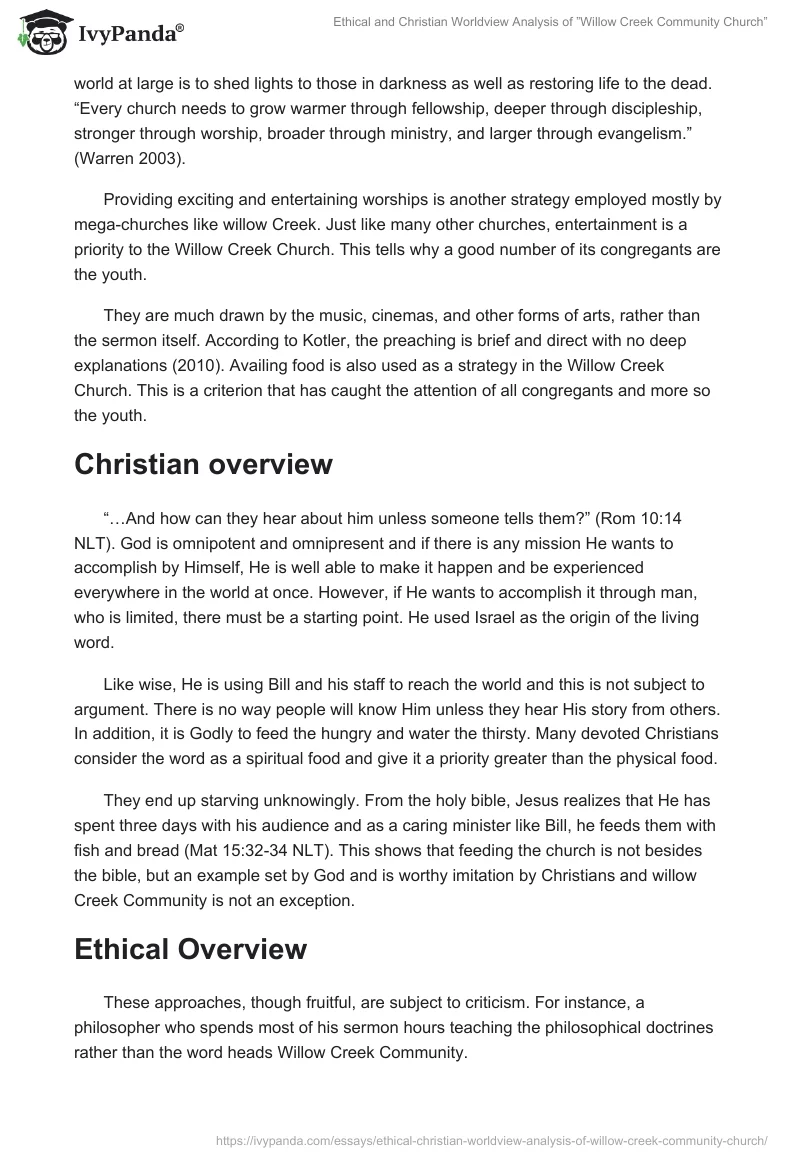 Ethical and Christian Worldview Analysis of ”Willow Creek Community Church”. Page 2