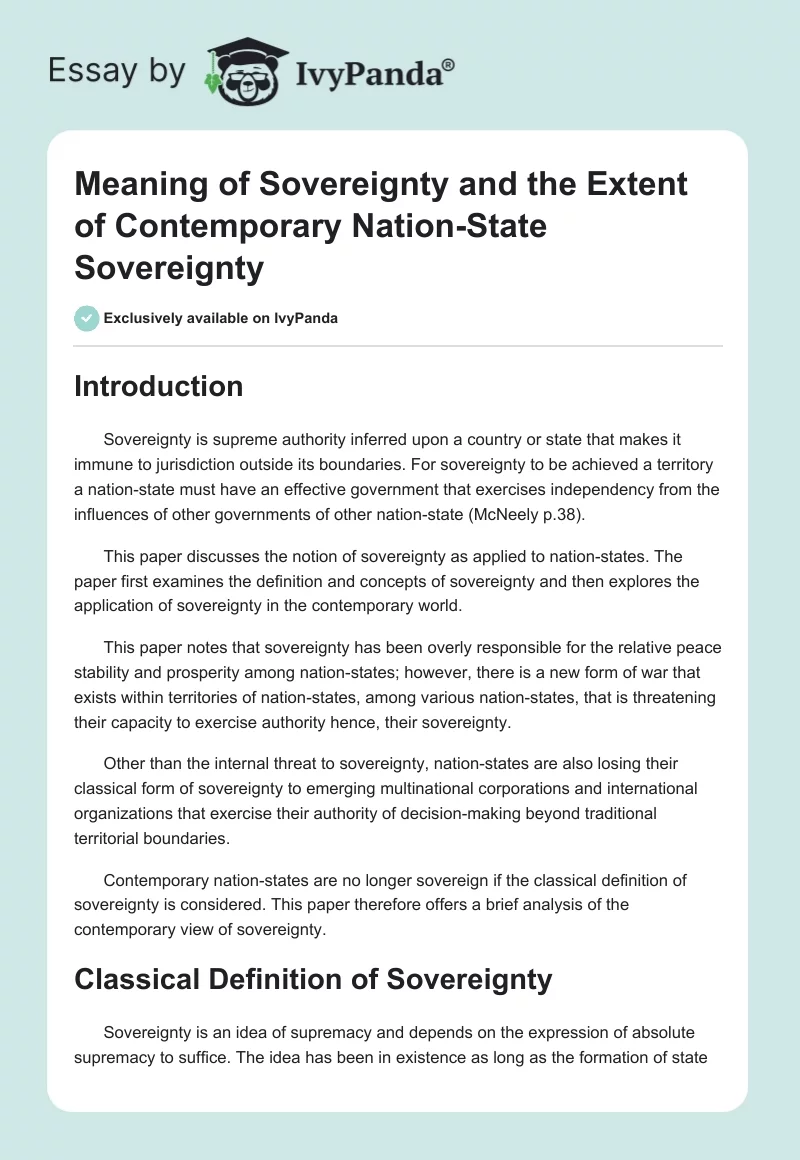 Meaning of Sovereignty and the Extent of Contemporary Nation-State Sovereignty. Page 1