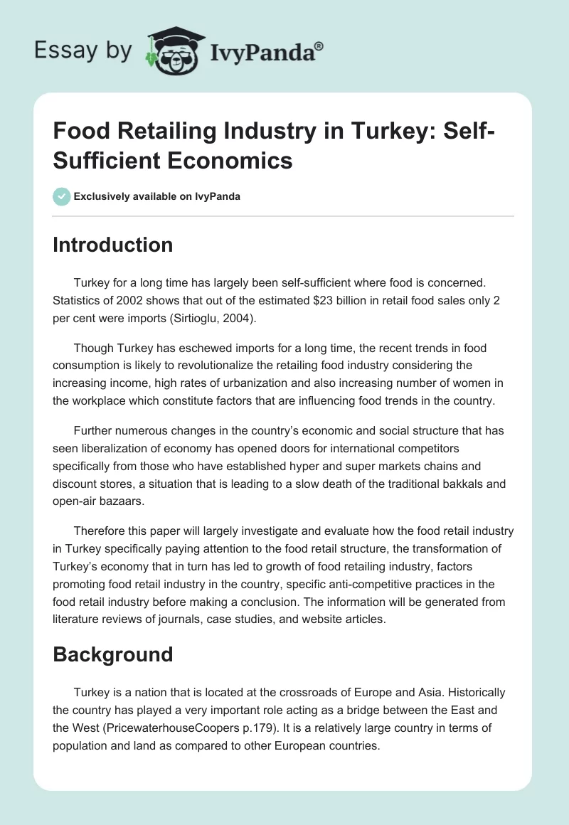 Food Retailing Industry in Turkey: Self-Sufficient Economics. Page 1