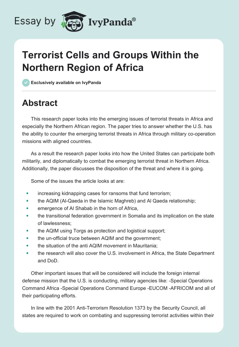 Terrorist Cells and Groups Within the Northern Region of Africa. Page 1