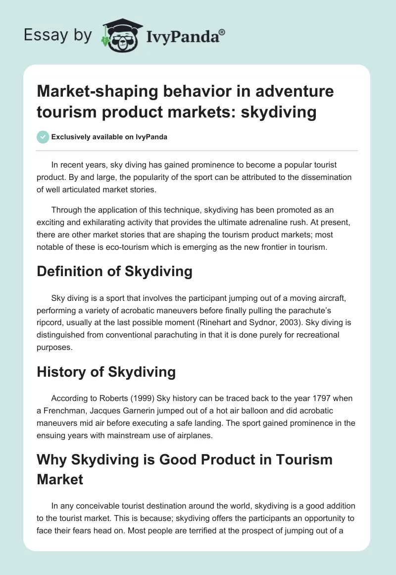 Market-shaping behavior in adventure tourism product markets: skydiving. Page 1