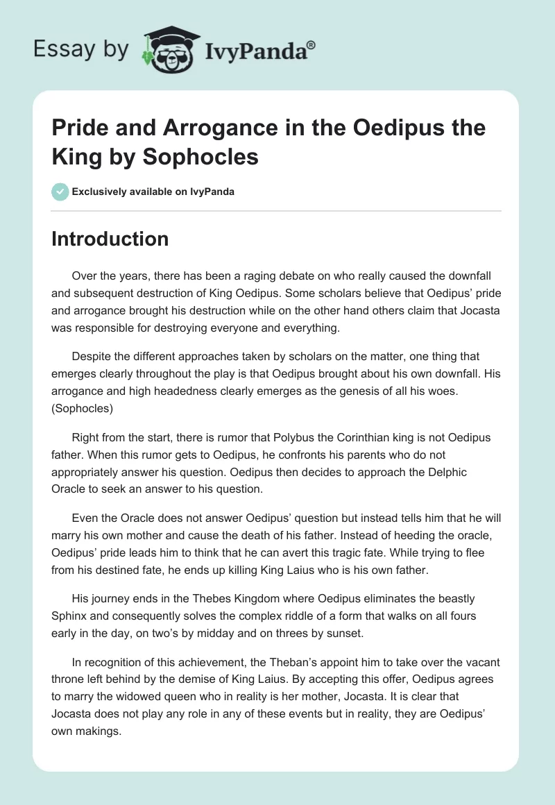 Pride and Arrogance in the "Oedipus the King" by Sophocles. Page 1