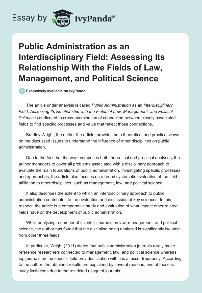 Public Administration as an Interdisciplinary Field: Assessing Its Relationship With the Fields of Law, Management, and Political Science. Page 1